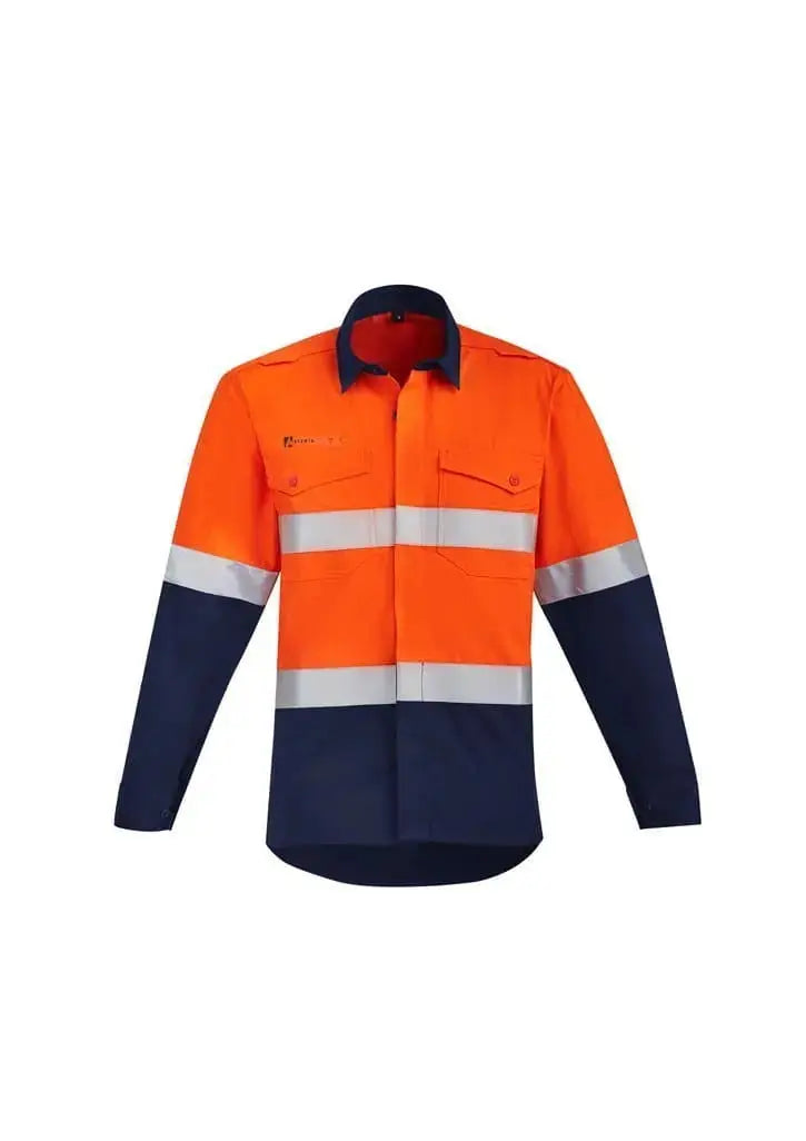 SYZMIK orange flame hrc-2 hoop taped open front spliced shirt ZW140 Metro Workwear.